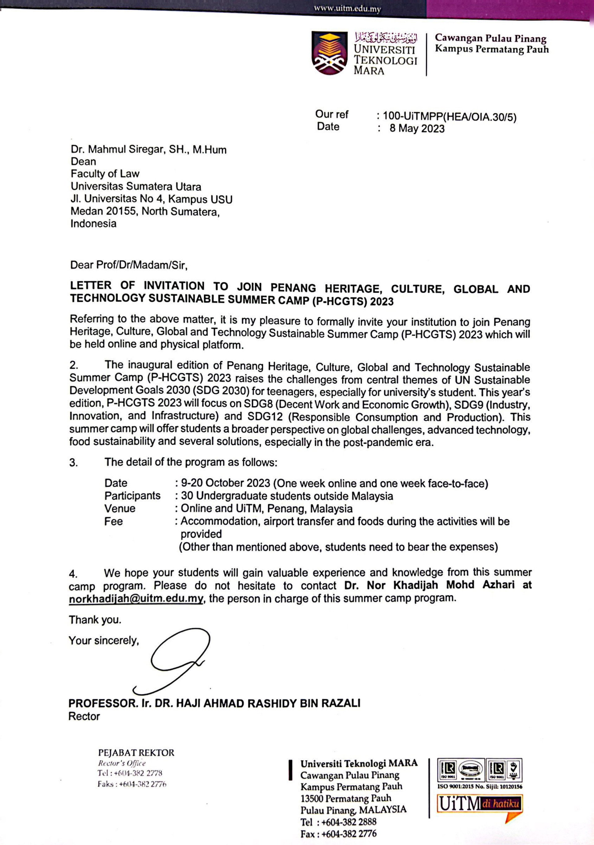Letter of Invitation to Join Penang Heritage, Culture, Global And Technology Sustainable Summer Camp (P-HCGTS) 2023